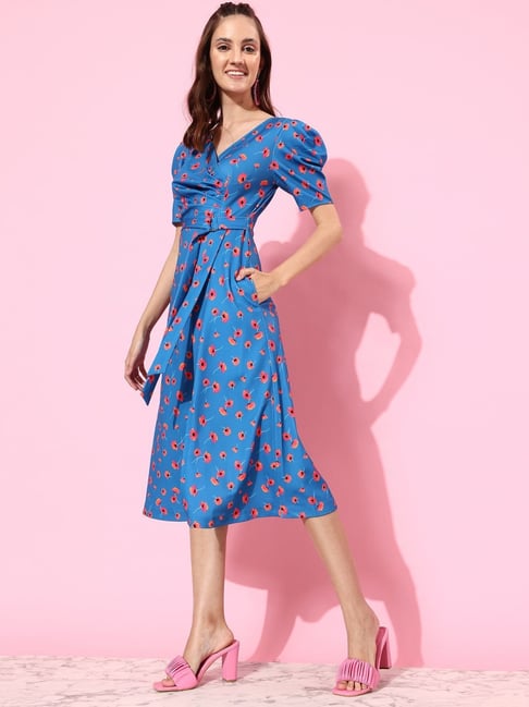 Miss Chase Blue Floral Print Wrap Dress