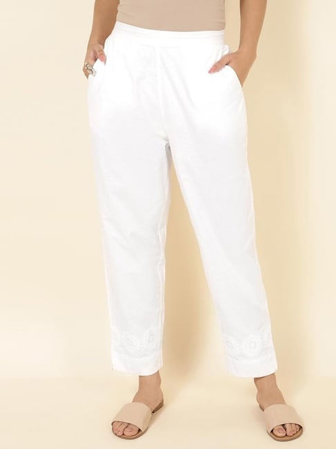 Fabindia White Cotton Embroidered Pants-picture-32