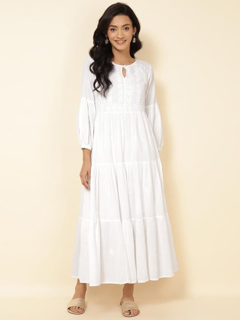 Buy Fabindia White Cotton Embroidered Maxi Dress With Slip for