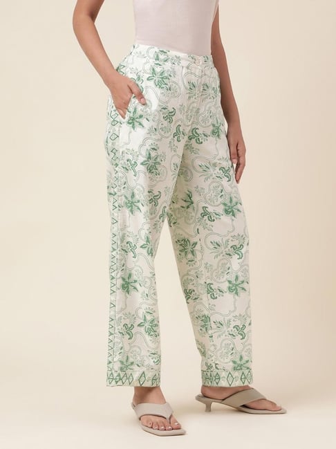 Fabindia White & Green Cotton Printed Pants-picture-21
