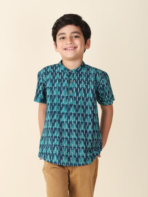 Fabindia Teal Cotton Printed Short Kurta-image-10