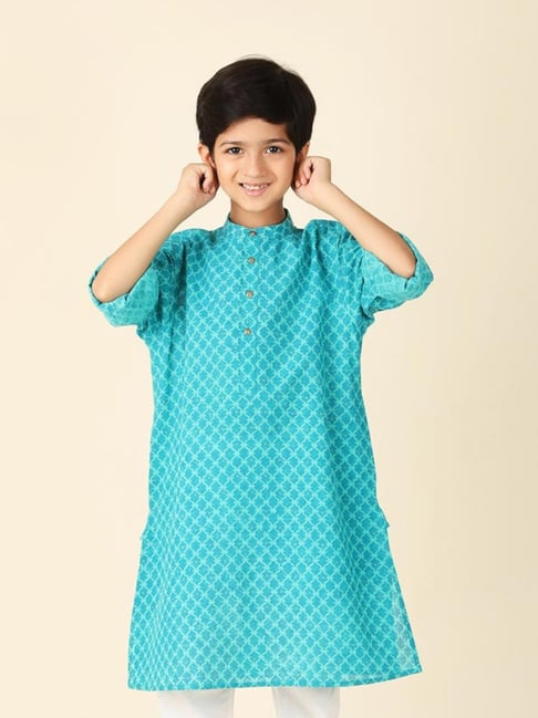 Fabindia Teal Cotton Printed Long Kurta-image-2