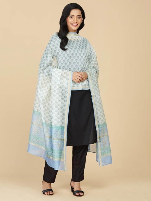 Fabindia Blue & Beige Cotton Silk Hand Block Print Dupatta-picture-38