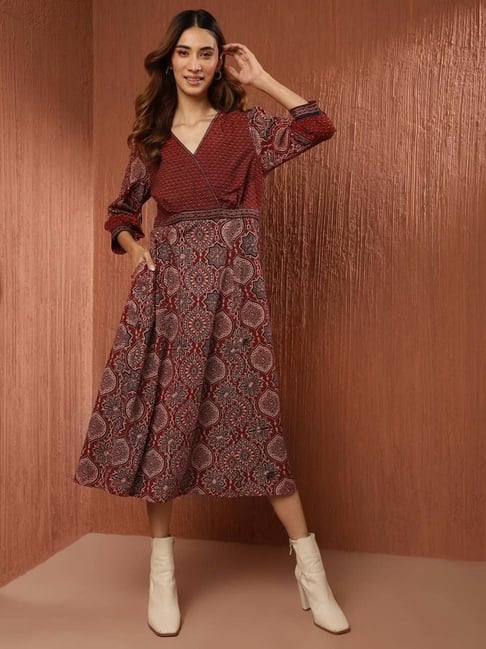 Fabindia Maroon Cotton Printed A-Line Dress