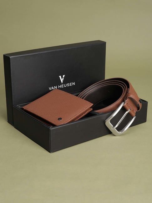 Van Heusen Brown Leather Textured Casual Belt and Wallet Set for Men