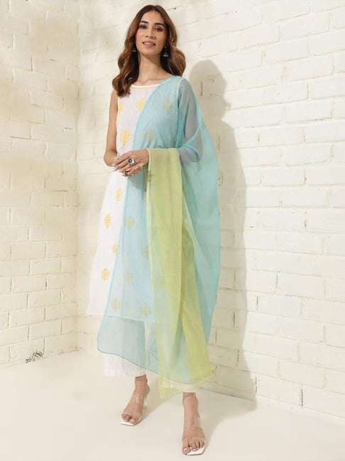 Fabindia Aqua Blue & Yellow Chequered Dupatta-picture-39