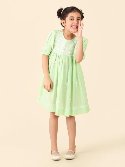 Fabindia Kids Light Green Embroidered Dress-picture-24