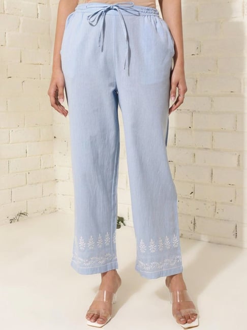 Fabindia Sky Blue Cotton Embroidered Pants-picture-47