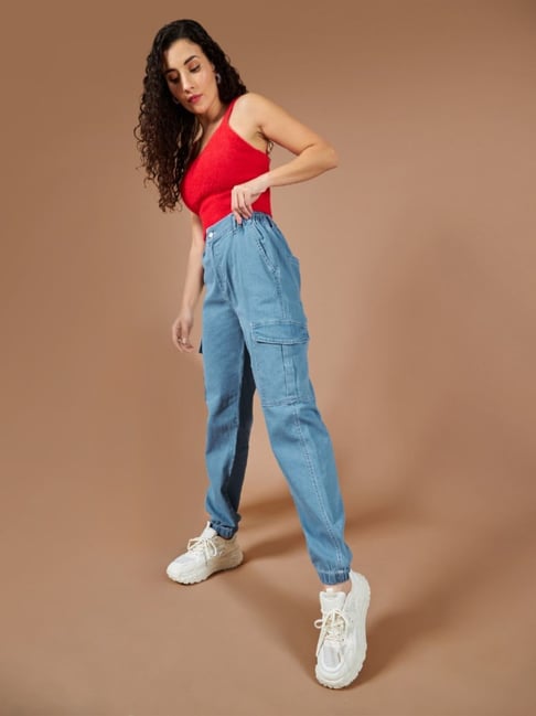 DOLCE CRUDO Light Blue Denim Regular Fit High Rise Joggers-picture-29