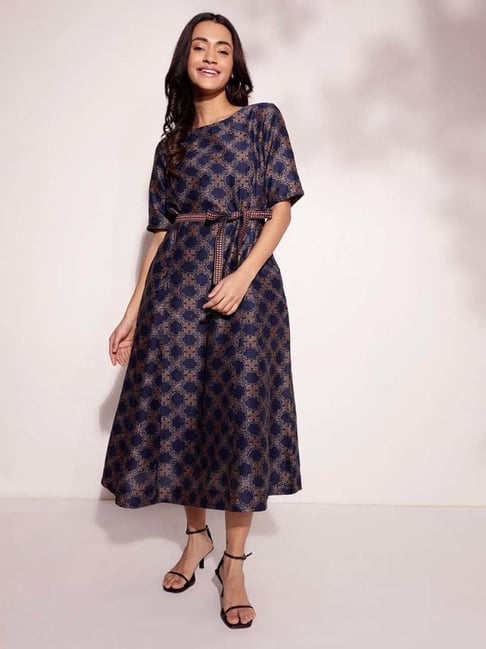 Fabindia Indigo Blue Printed A-Line Dress