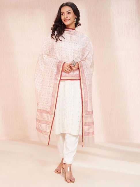 Fabindia White & Pink Printed Dupatta-picture-23