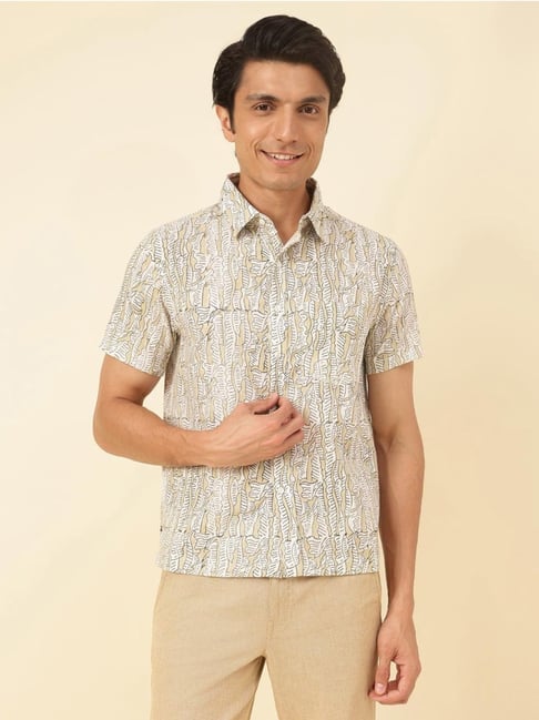 Fabindia White and beige Cotton Straight Fit Printed Casual Shirt-picture-17