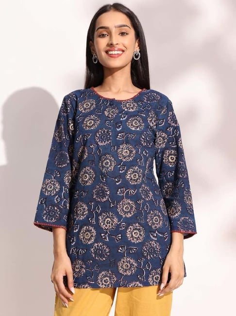 Fabindia Blue Cotton Printed A Line Short Kurti