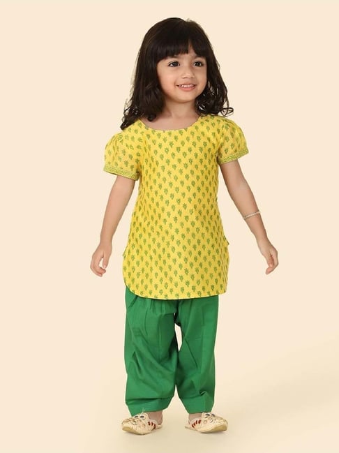 Fabindia Girls Yellow & Green Printed Salwar Set-image-13