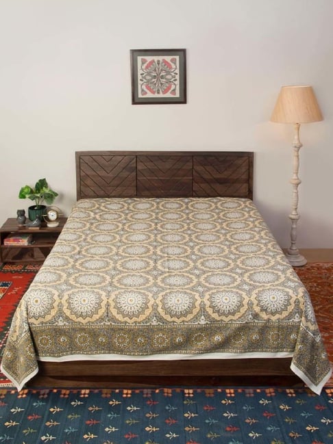 Fabindia Home Standalone Grey Cotton 118 TC Hand Block Printed Single Bed Cover