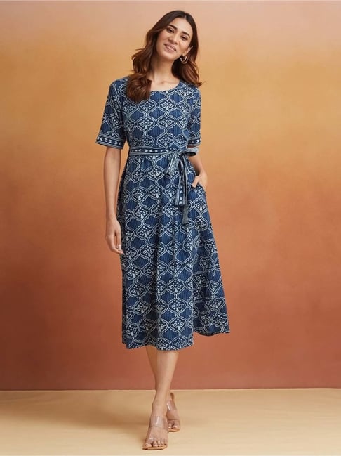 Fabindia Blue Cotton Printed A-Line Dress