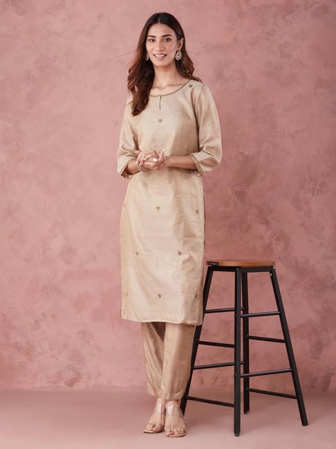 Fabindia Beige Cotton Silk Regular Fit Embellished Kurta