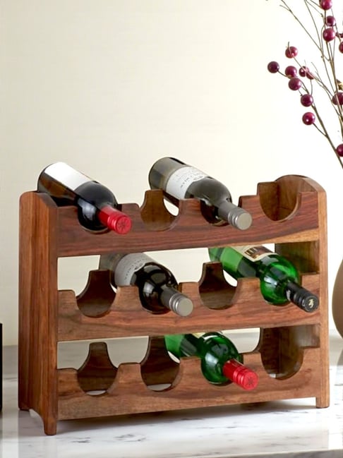 Ikiriya Kassel Beige Sheesham Wood Accent Wine Rack in Natural Teak Finish
