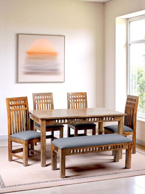 Ikiriya Oakmont Beige Grey Sheesham Wood Accent Seater Dining Table Set  in Teak Finish