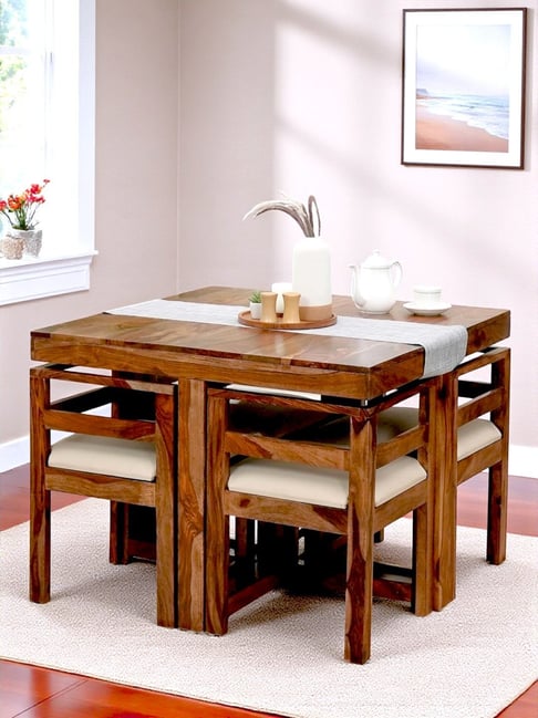 Ikiriya Kingston Beige Sheesham Wood Accent Seater Dining Table Set in  Natural Teak Finish