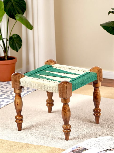 Buy Ikiriya Riaza Green & White Sheesham Wood Vintage Stool at