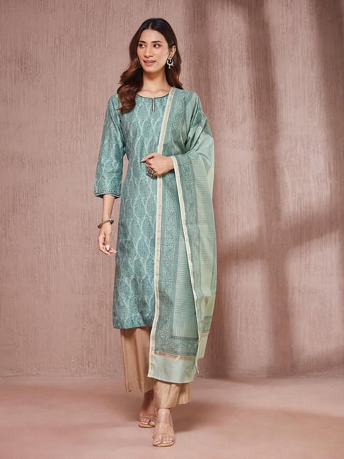 Fabindia Green Cotton Silk Regular Fit Printed Kurta With Dupatta