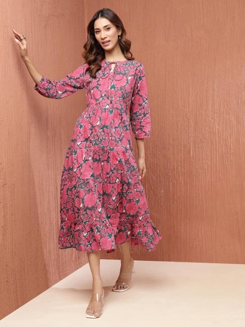 Fabindia Pink Cotton Floral 3/4th sleeve Dress