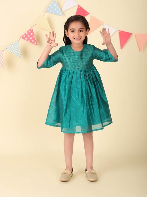 Fabindia Girls Teal Cotton Silk Printed Casual Dress-image-47