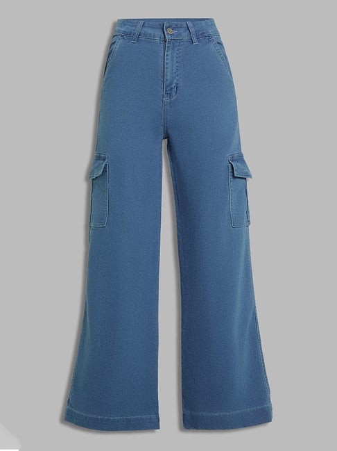 Miss Chase Blue Wide Leg High Rise Clean Look Regular Stretchable Denim Jeans-picture-33