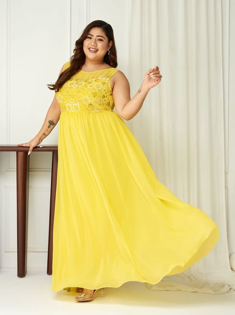 Miss Chase A+ Yellow Embroidered A-Line Dress-picture-17