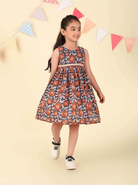 Fabindia Girls Navy Cotton Floral Dress