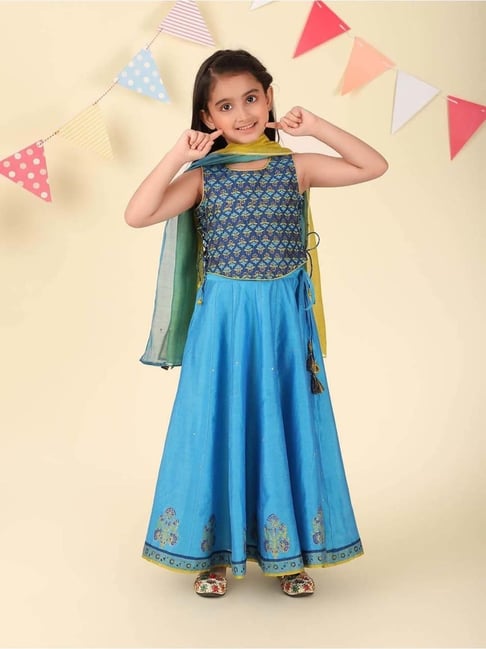 Fabindia Girls Blue Printed Lehenga Set-picture-11