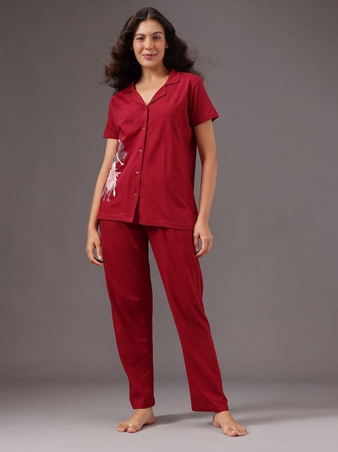 Clovia Maroon Printed Nightwear Pyjama Set-picture-30