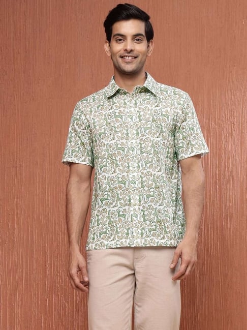 Fabindia White & Green Cotton Straight Fit Floral Print Shirt-picture-30