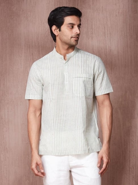 Fabindia White & Green Cotton Comfort Fit Striped Shirt-picture-31