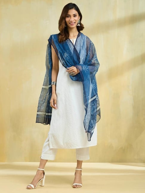 Fabindia Indigo Cotton Silk Dabu Printed Dupatta