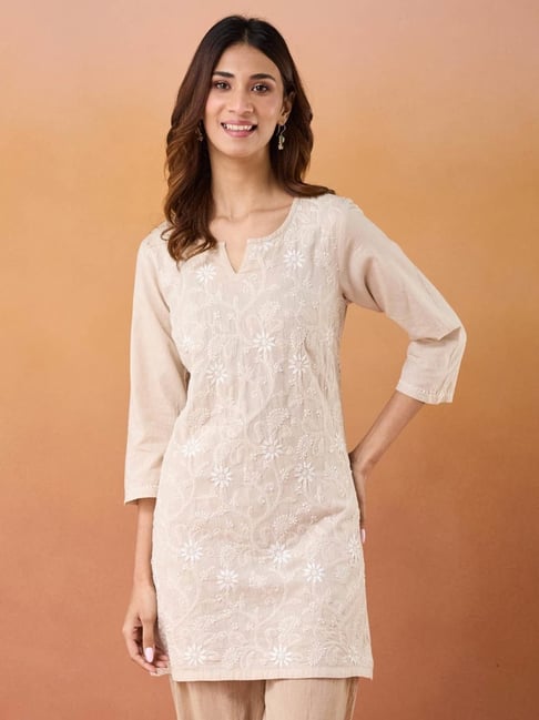 Fabindia Beige Cotton Slim Fit Chikankari Short Kurta
