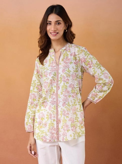 Fabindia White & Green Cotton Hand Block Printed Tunic-picture-26