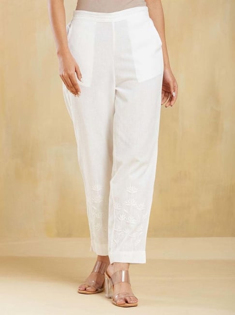 Fabindia White Cotton Slim Fit Embroidered Trousers-picture-36