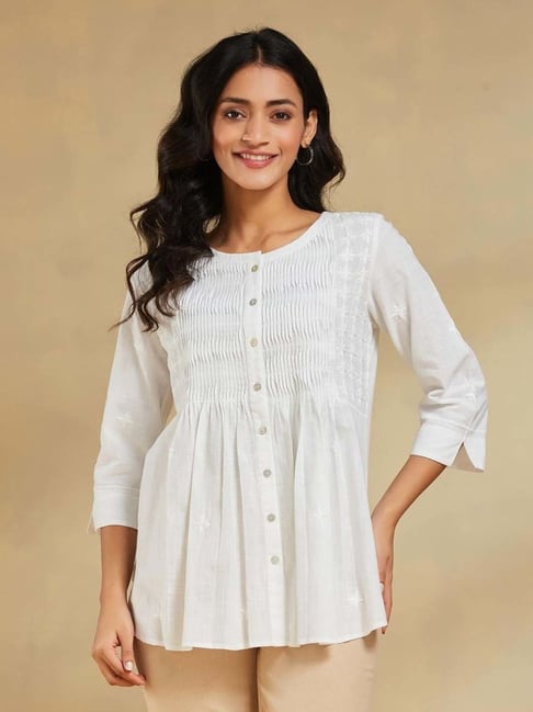 Fabindia White Cotton Regular Fit Embroidered Tunic-picture-17