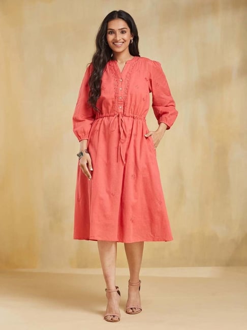 Fabindia Red Embroidered Casual Dress