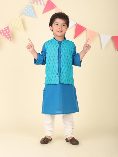 Fabindia Boys Teal Cotton Hand Block Printed 2pc Kurta Set-image-49