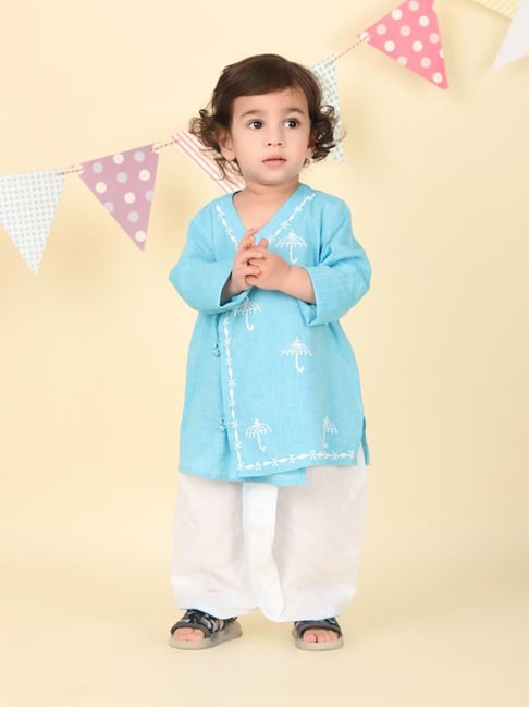 Fabindia Infant Boys Blue Cotton Chikankari 2pc Dhoti Set