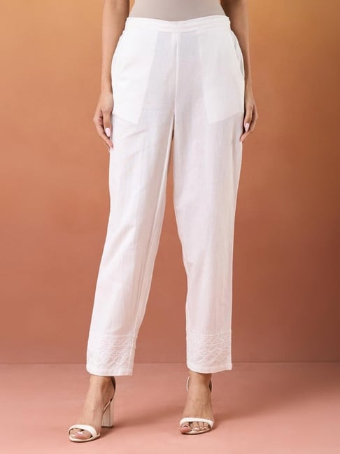 Fabindia Off White Cotton Slim Fit Embroidery Casual Pants-picture-22