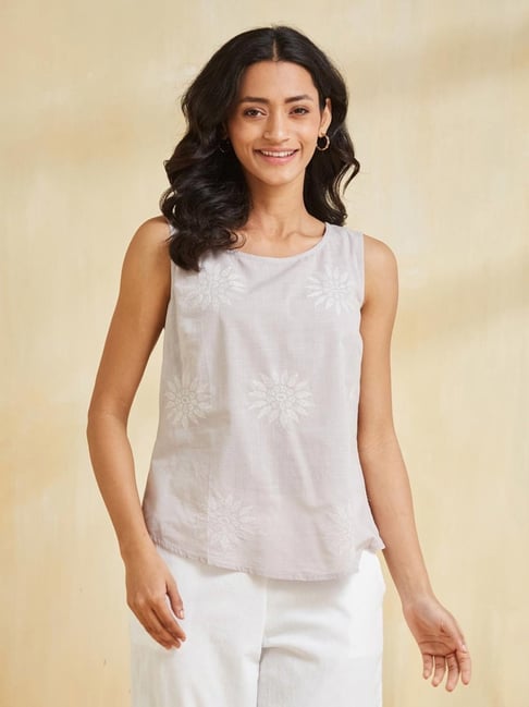 Fabindia Grey Cotton Regular Fit Embroidery Top