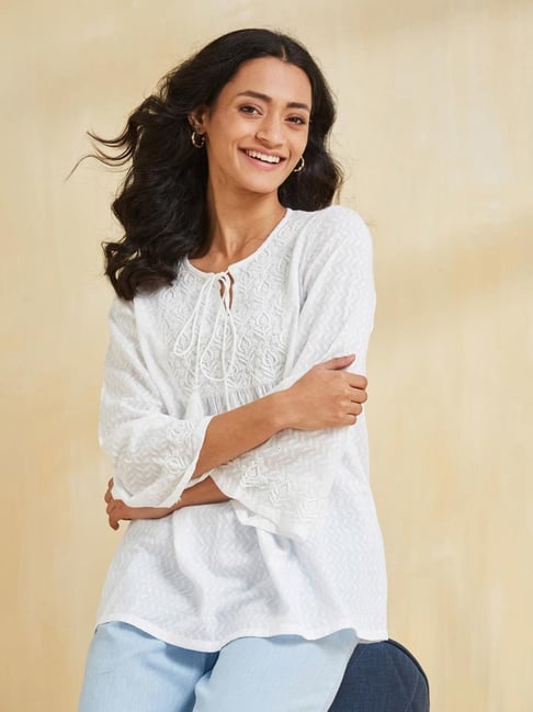 Fabindia White Comfort Fit Embroidery Tunic-picture-28