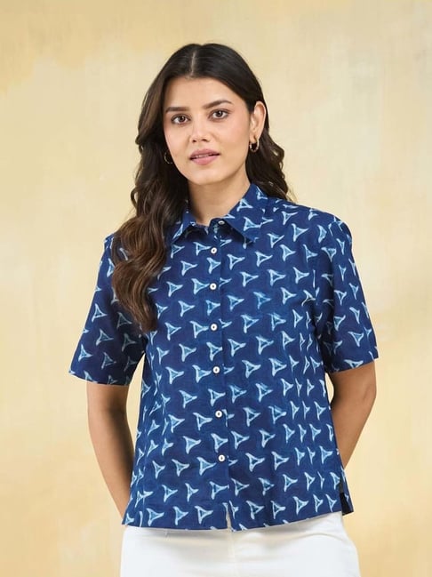Fabindia Indigo Cotton Regular Fit Printed Shirt-picture-19