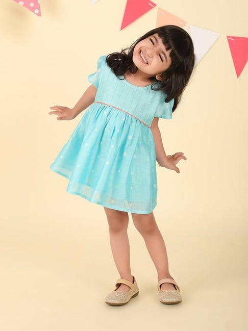 Fabindia Girls Light Blue Cotton Silk Bandhani Printed Dress-picture-19
