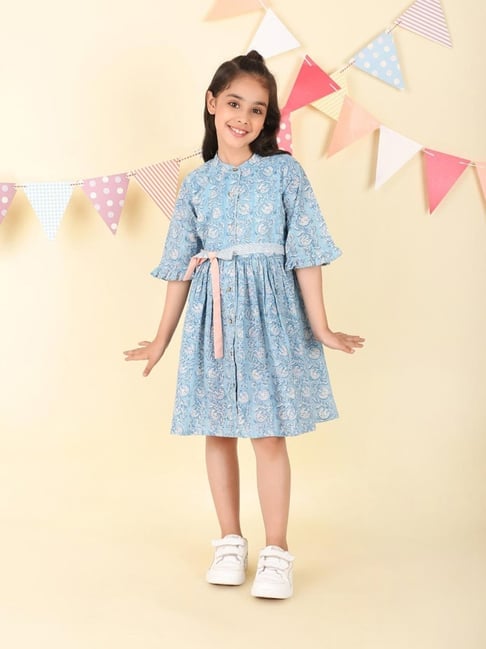 Fabindia Girls Blue Cotton Hand Block Printed Dress-picture-26