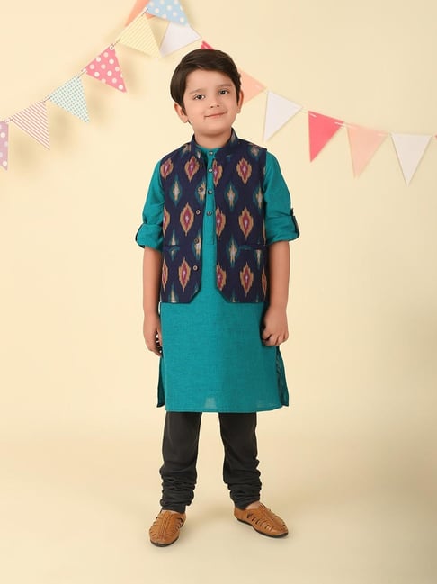 Fabindia Boys Teal Cotton Ikat Woven 2pc Kurta Set-picture-24
